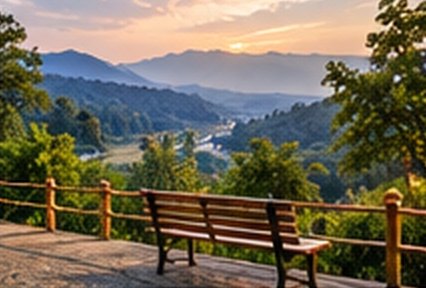 A wooden bench at a viewpoint over a river valley