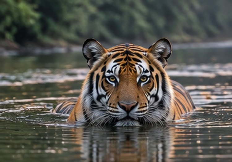 A tiger cooling off in shallow water